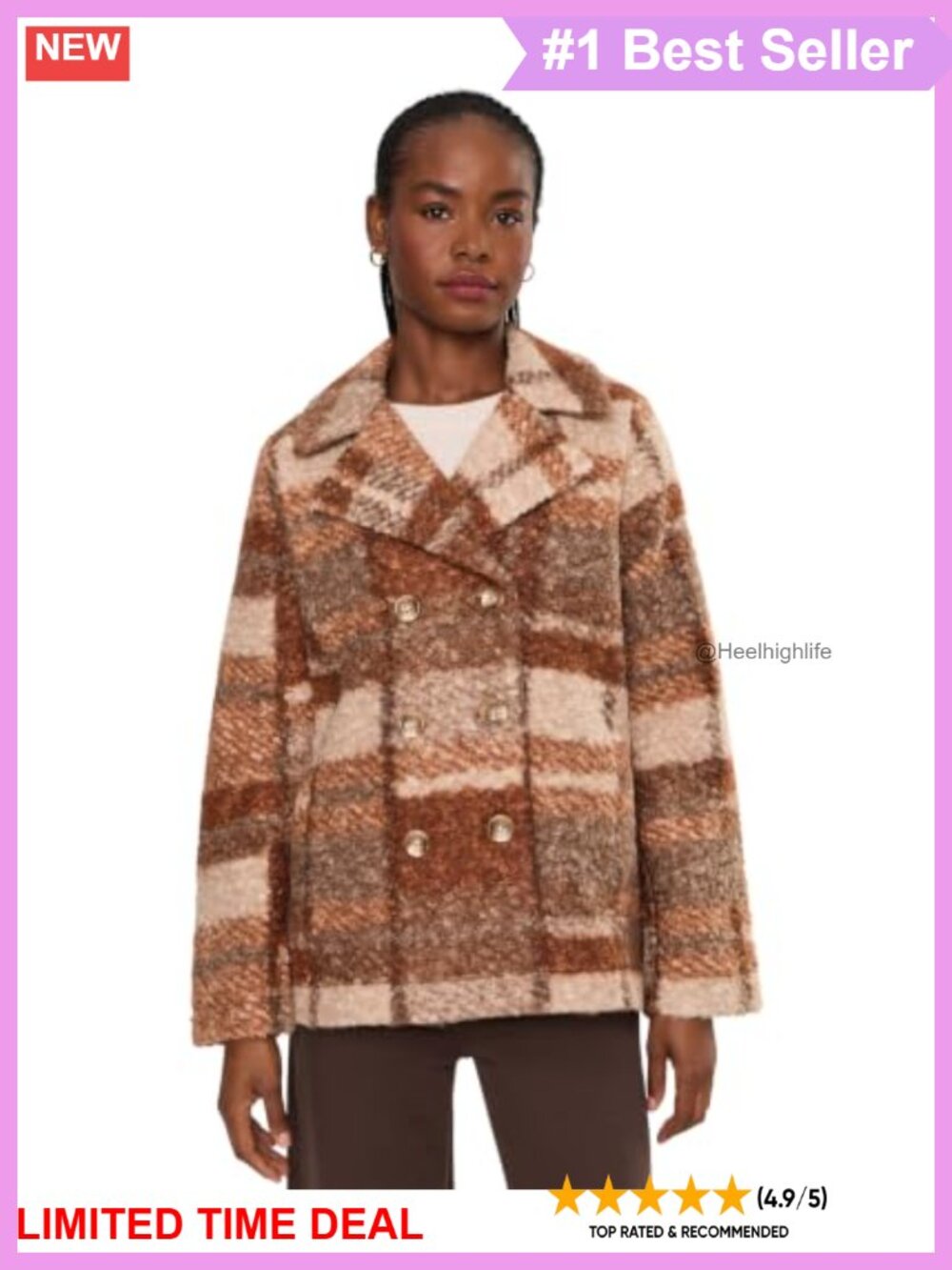 Double-Breasted Plaid Peacoat Sherpa Fleece Notch Lapel Long Sleeve Coat